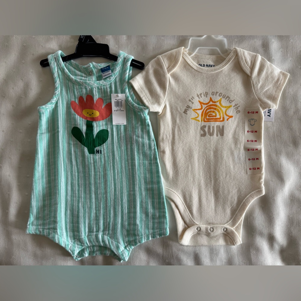 Old Navy Green Striped Floral One-Piece & Cream Onesie. Size 6-12 Months.